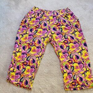 LUCY & YAK Vibrant Hearts Psych Crop Pants Size XL 70s Groovy Retro Stretch Funk